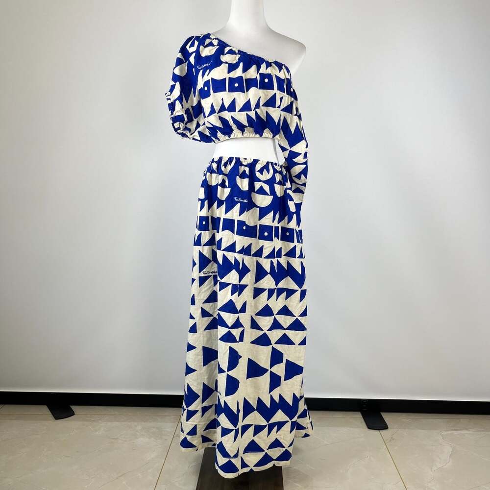 NWOT Farm Rio Linen-Blend Pitta Tiles Off-White One Shoulder Maxi Dress Size S - Picture 4 of 15